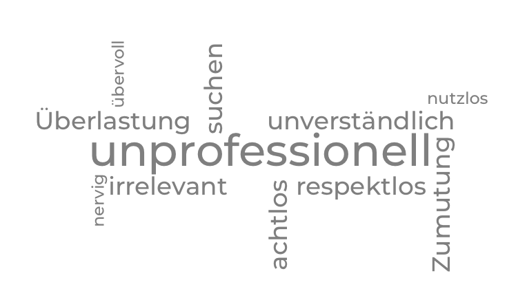 Eine Wörterwolke bestehend aus "unprofessionel", "Überlastung" und "Zumutung".